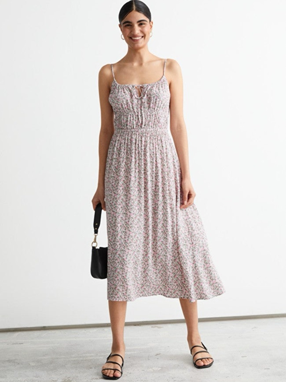Smocked Floral Midi Sundress in Light Pink